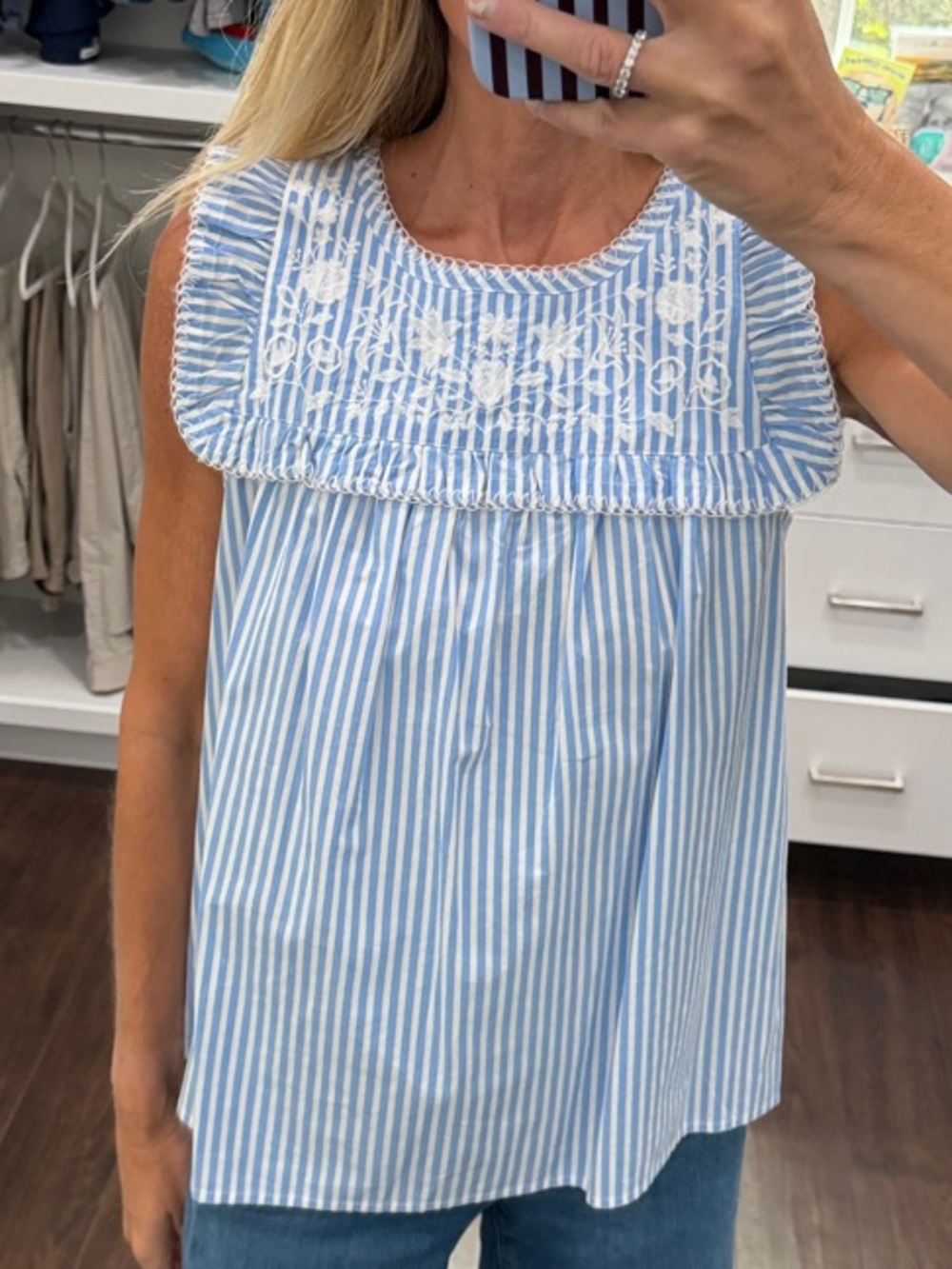 Crown & Ivy Light Blue Striped Sleeveless Embroidered Top XS